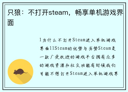 只狼：不打开steam，畅享单机游戏界面